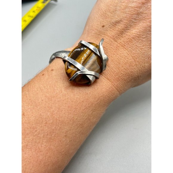 Flatware Jewelry Handcrafted Fork Bangle Bracelet Tiger Eye Stone Primitive - Picture 10 of 11